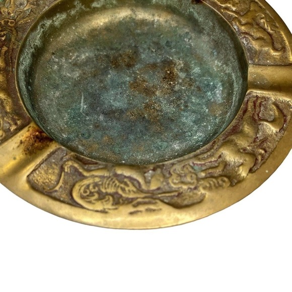 Vintage Brass Ashtray Phoenix Birds 5" Unusual Serpent Animals Deer Korea - Picture 2 of 8